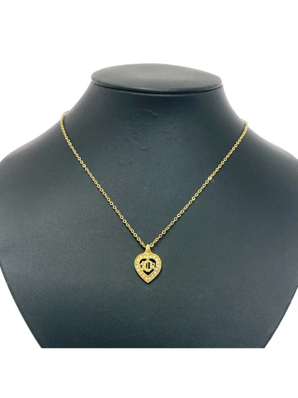 Dior Rhinestone Emblem Logo Heart Necklace Gold